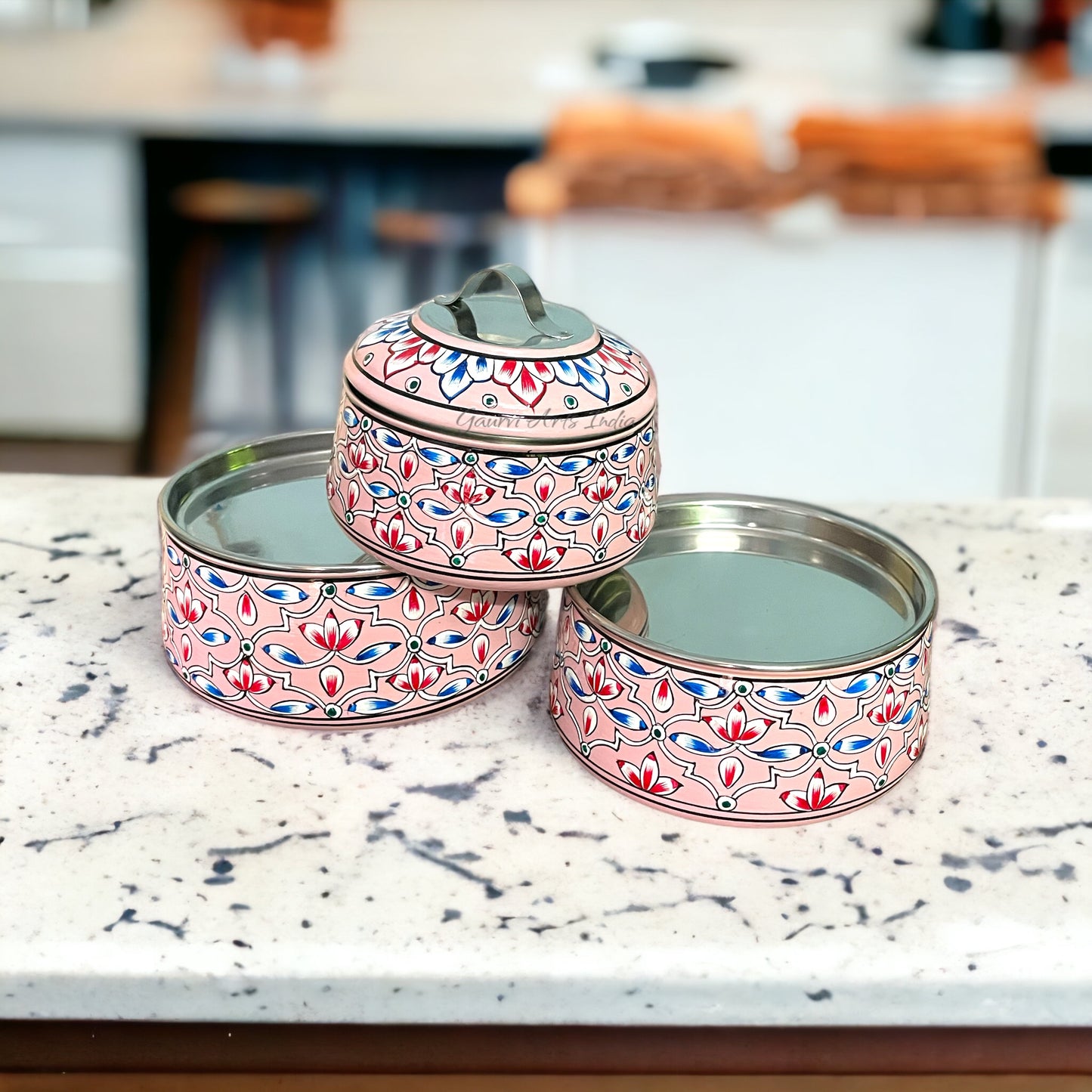 hand-painted stainless steel tiffin carrier combines durability with artistic charm, making it a thoughtful gift for family or friends