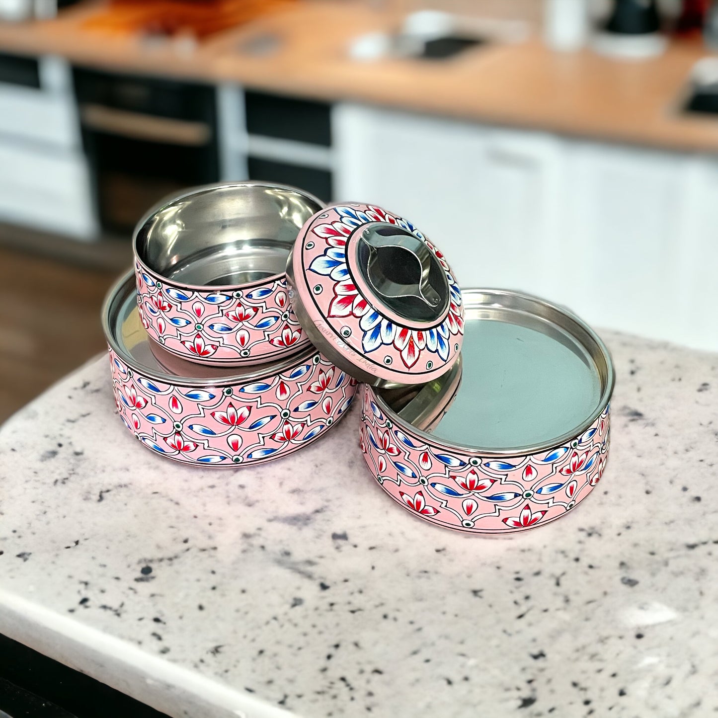 hand-painted stainless steel tiffin carrier combines durability with artistic charm, making it a thoughtful gift for family or friends