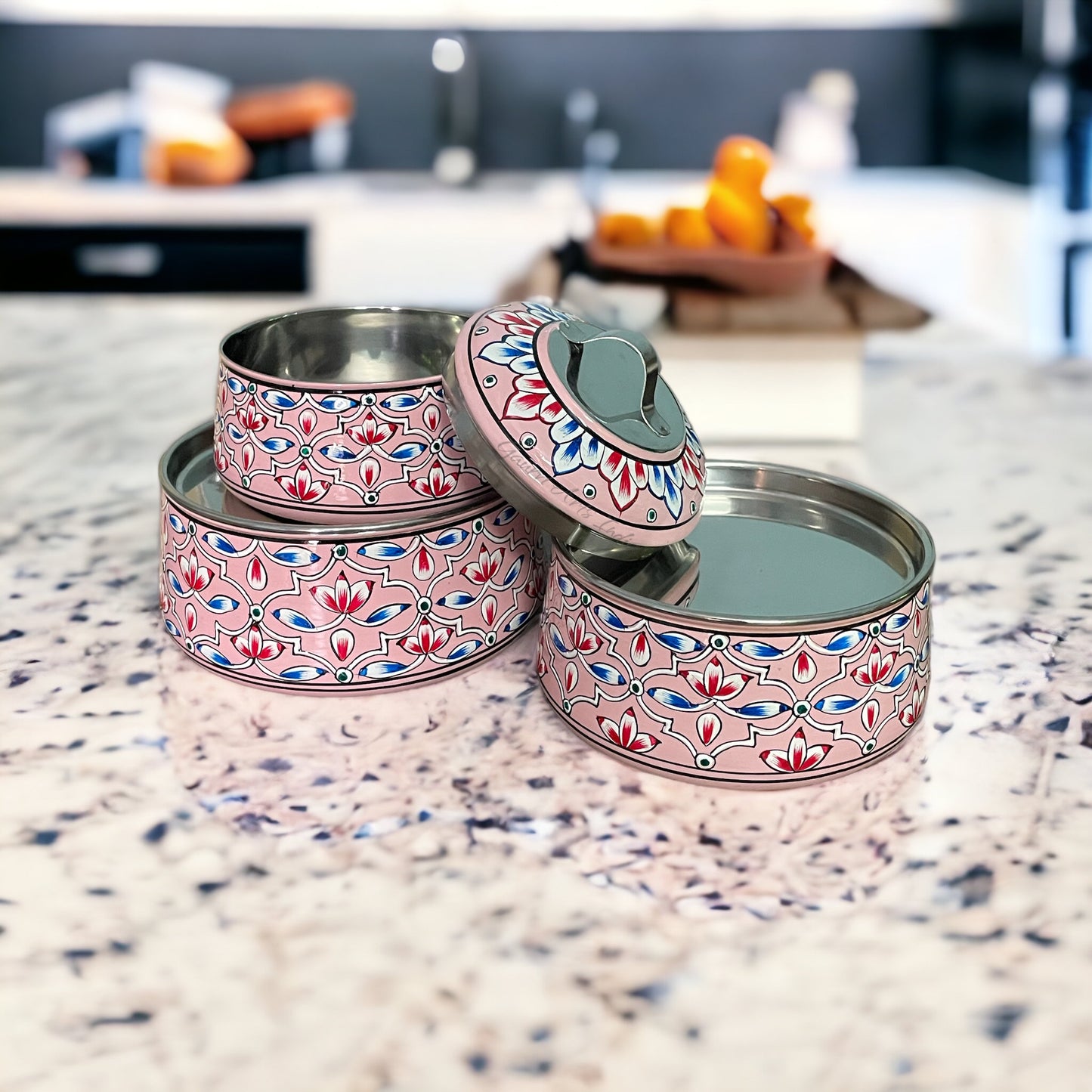 hand-painted stainless steel tiffin carrier combines durability with artistic charm, making it a thoughtful gift for family or friends