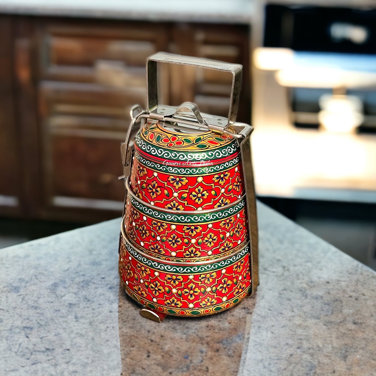 Hand-painted stainless steel tiffin carrier combines durability with artistic charm, making it a thoughtful gift for family or friends