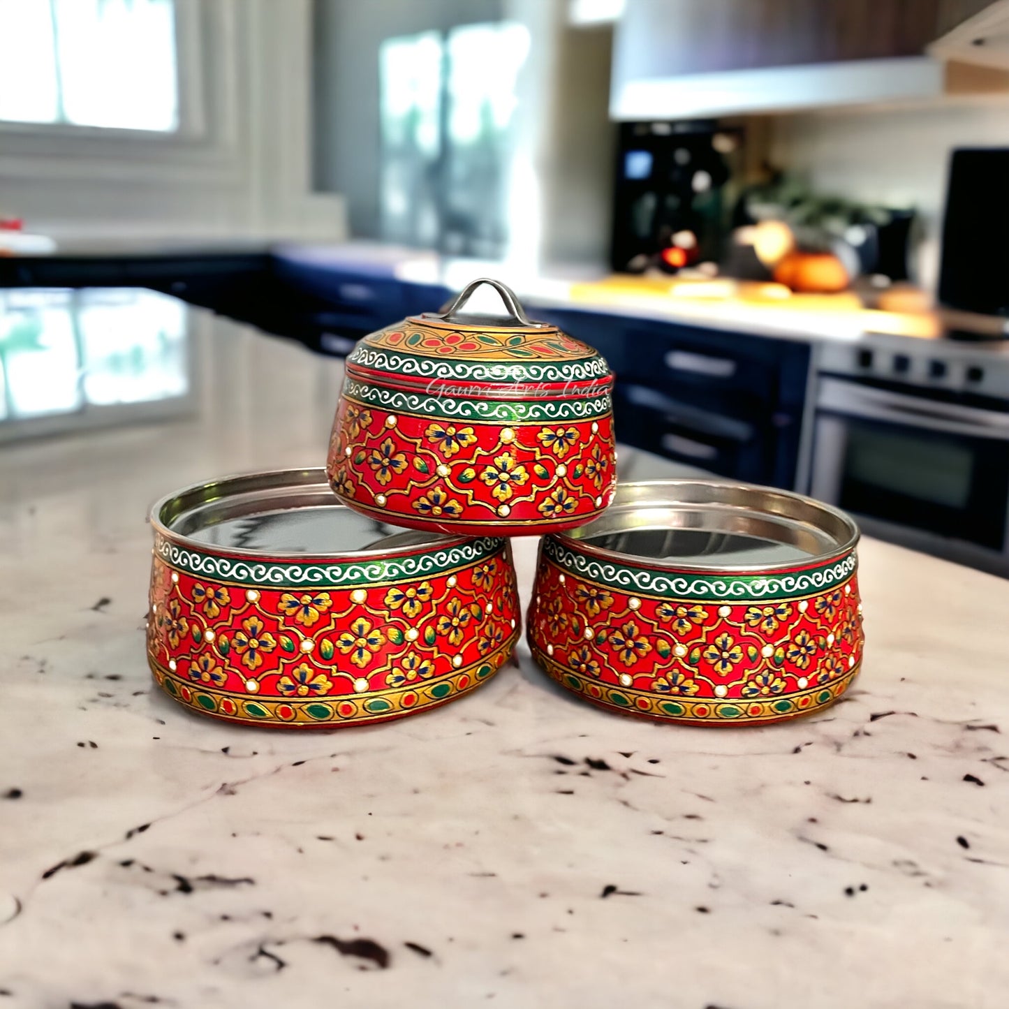 Hand-painted stainless steel tiffin carrier combines durability with artistic charm, making it a thoughtful gift for family or friends