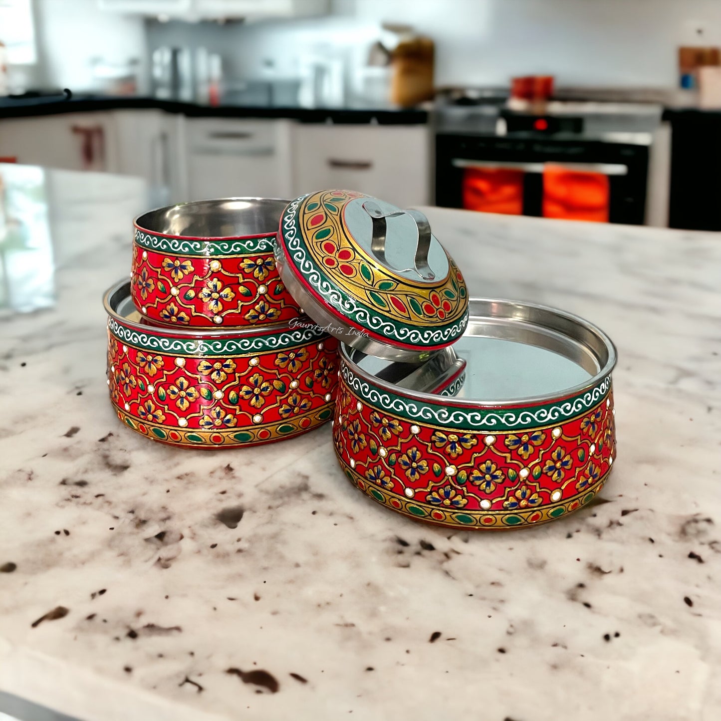 Hand-painted stainless steel tiffin carrier combines durability with artistic charm, making it a thoughtful gift for family or friends