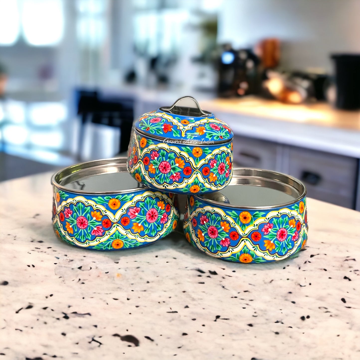 Hand-painted stainless steel tiffin carrier combines durability with artistic charm, making it a thoughtful gift for family or friends