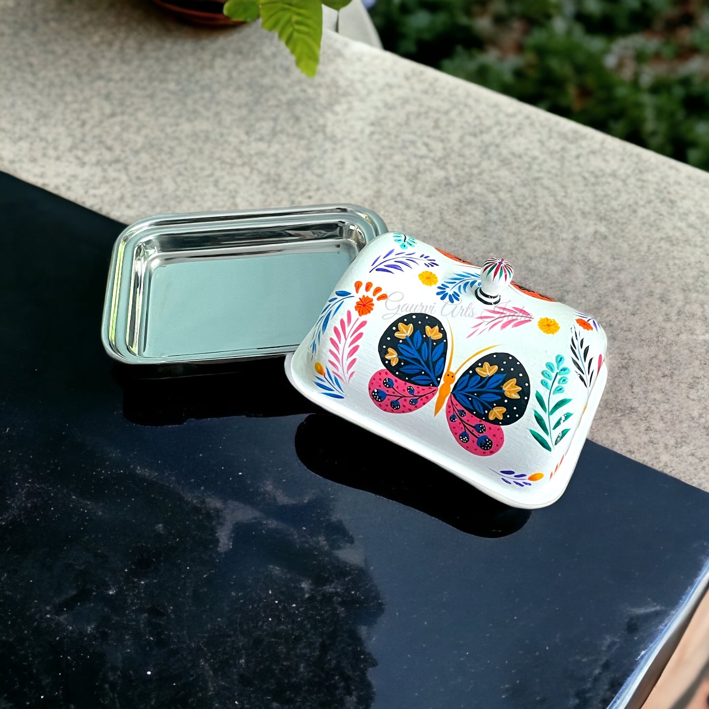 Hand Painted Stainless Steel Butter Dish and Best Kitchenware, Dining ware and Gift For Her