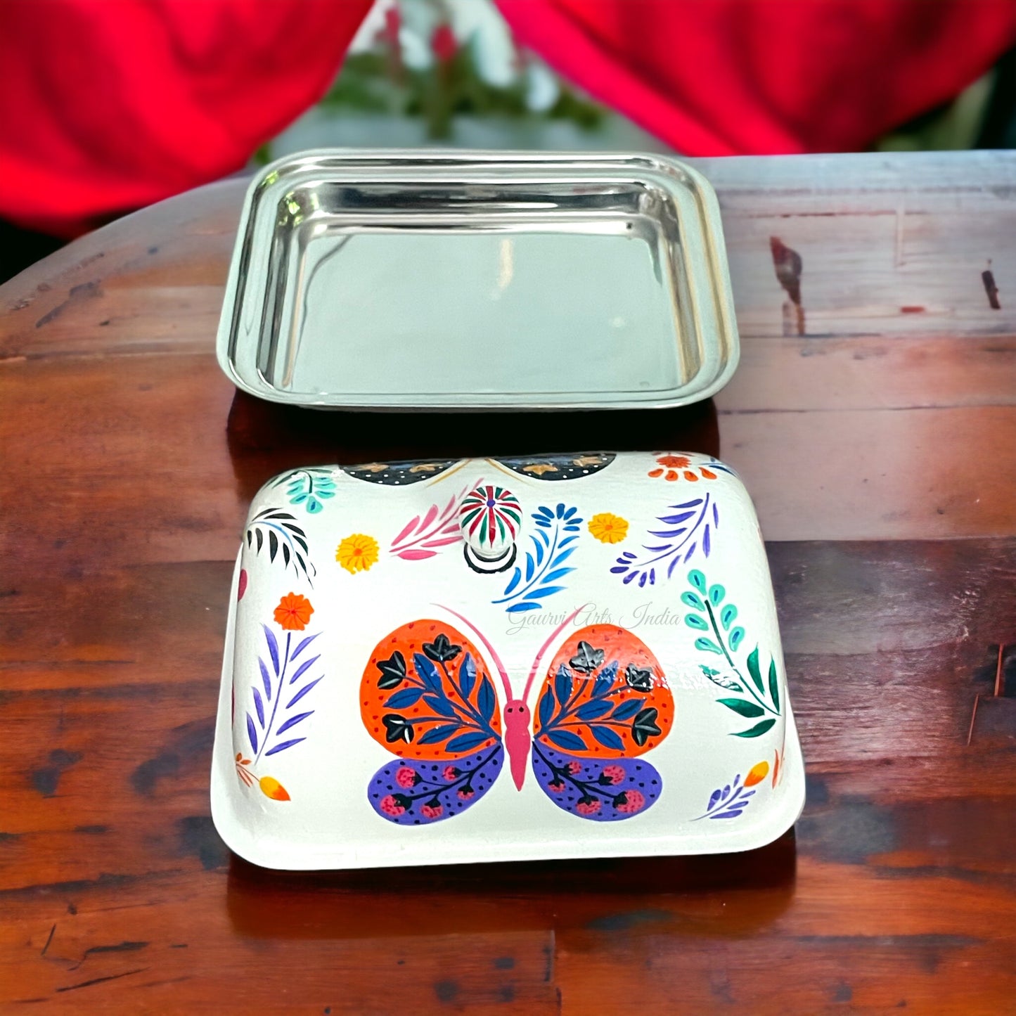 Hand Painted Stainless Steel Butter Dish and Best Kitchenware, Dining ware and Gift For Her