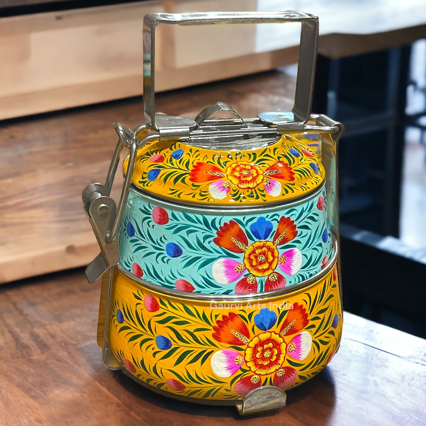 Hand Painted 2 Tier Tiffin carrier and Easy to carry and Office Lunch, Picnic Tiffin with Carrier