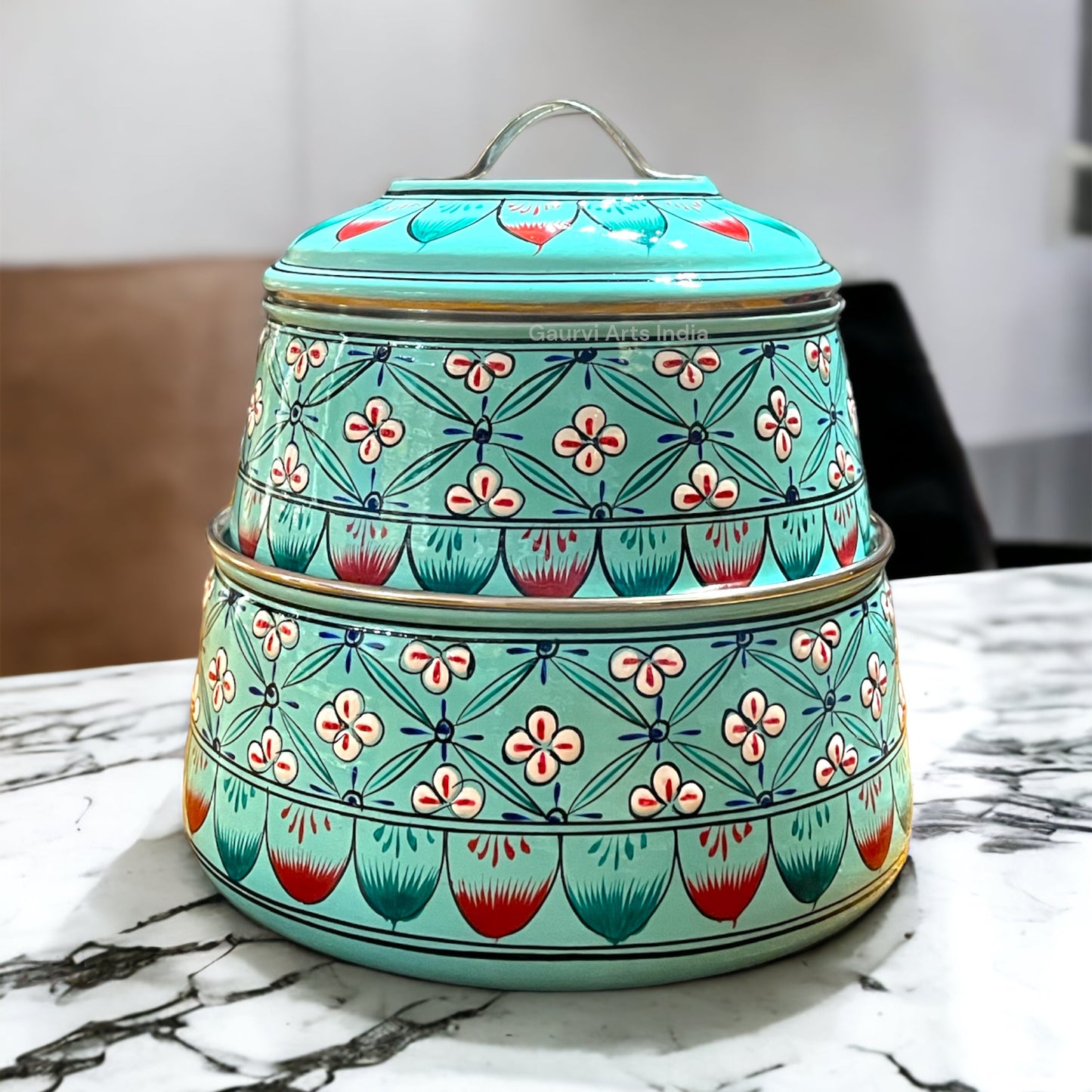 Hand Painted 2 Tier Tiffin carrier and Easy to carry and Office Lunch, Picnic Tiffin with Carrier