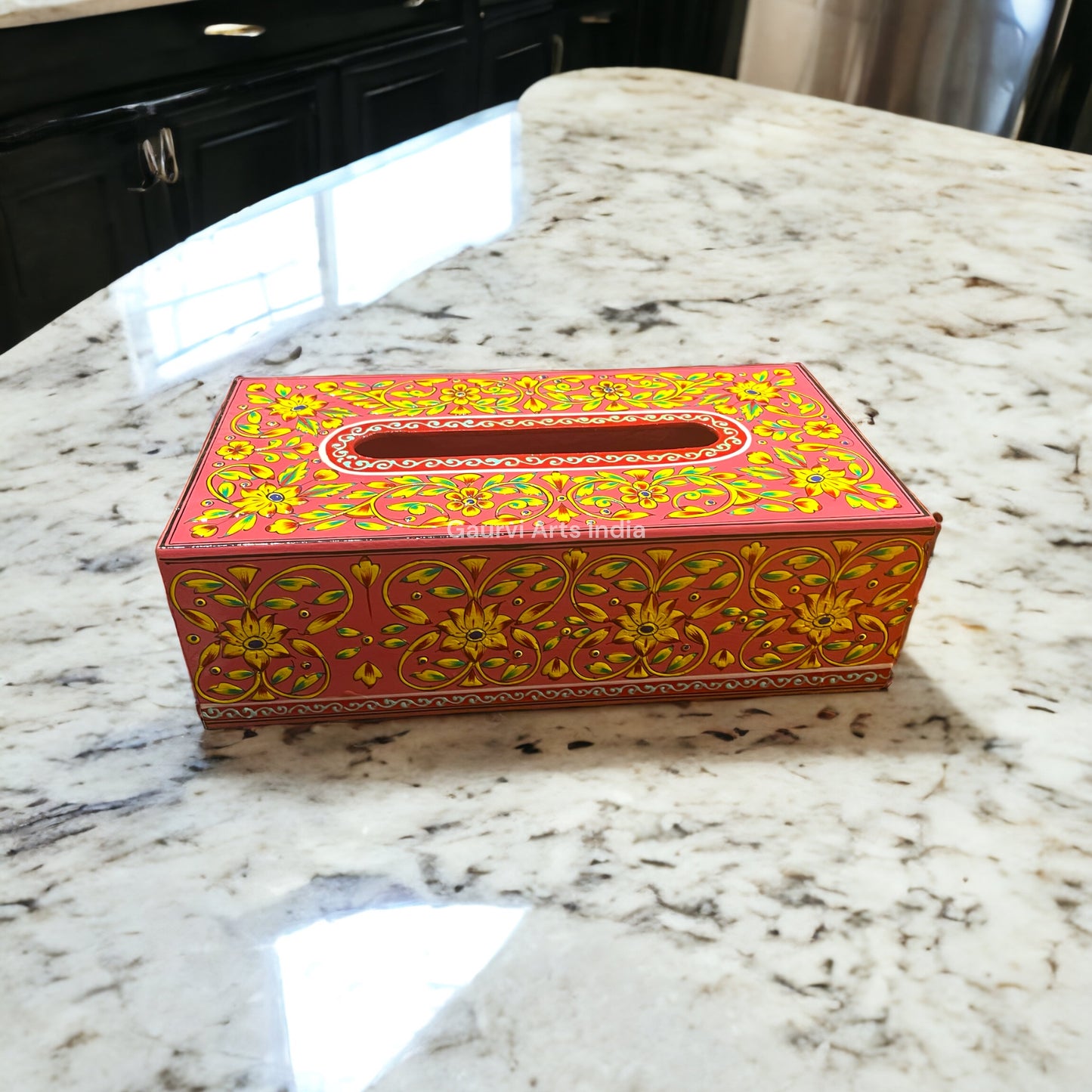 Enhance your dining experience with this wooden hand-painted tissue box, while the hand-painted details bring a unique, personal touch to your dining space.
