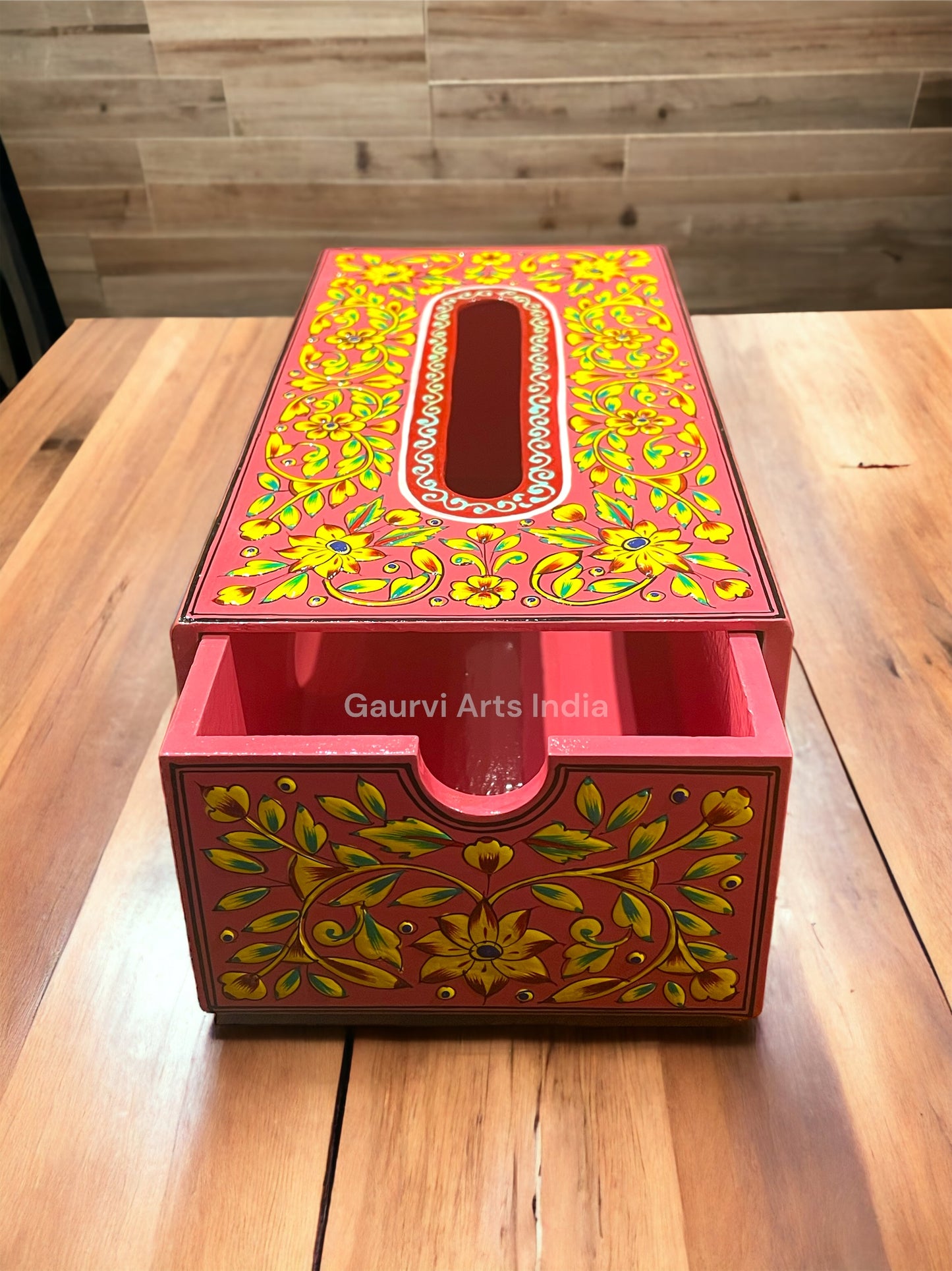 Enhance your dining experience with this wooden hand-painted tissue box, while the hand-painted details bring a unique, personal touch to your dining space.