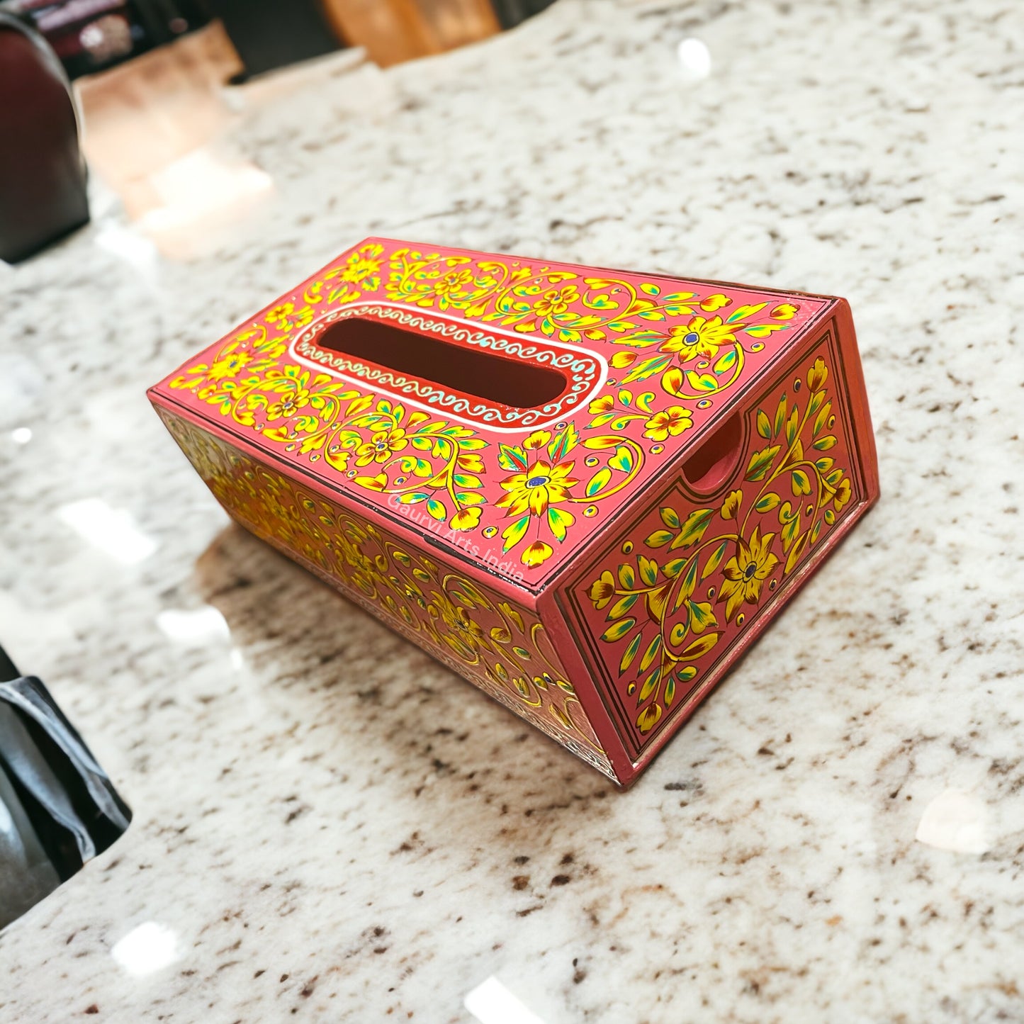 Enhance your dining experience with this wooden hand-painted tissue box, while the hand-painted details bring a unique, personal touch to your dining space.