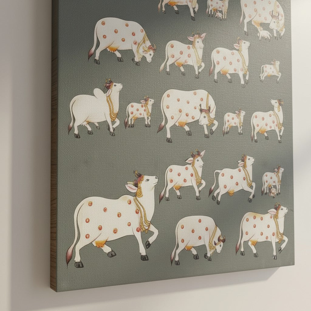Traditional Pichwai painting is handcrafted on cloth using natural mineral pigments, with gold detailing often added to create a divine luminescence