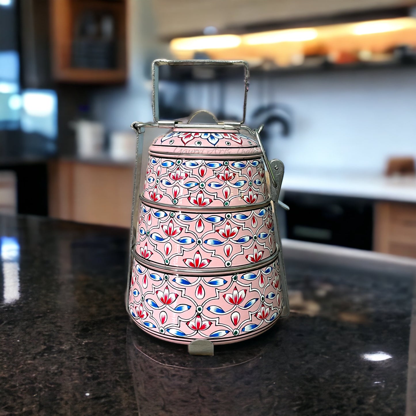 hand-painted stainless steel tiffin carrier combines durability with artistic charm, making it a thoughtful gift for family or friends