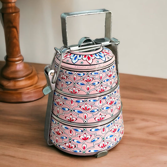 hand-painted stainless steel tiffin carrier combines durability with artistic charm, making it a thoughtful gift for family or friends