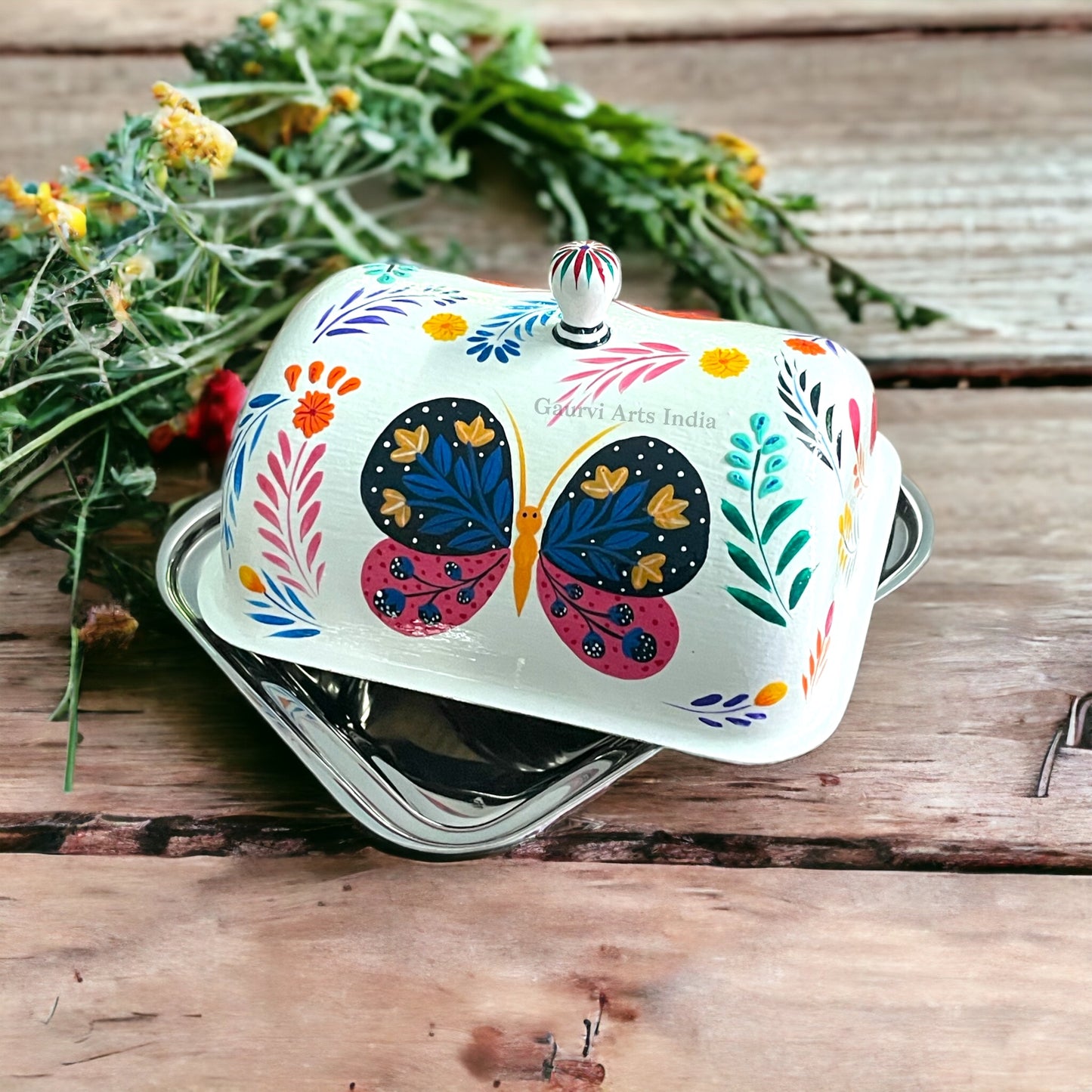 Hand Painted Stainless Steel Butter Dish and Best Kitchenware, Dining ware  and Gift For Her