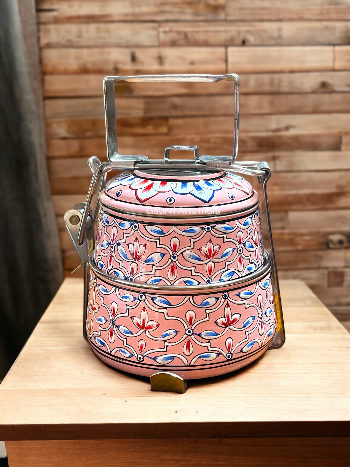 Hand Painted 2 Tier Tiffin Carrier, Perfectly sized to carry two delicious meals and Return Gift