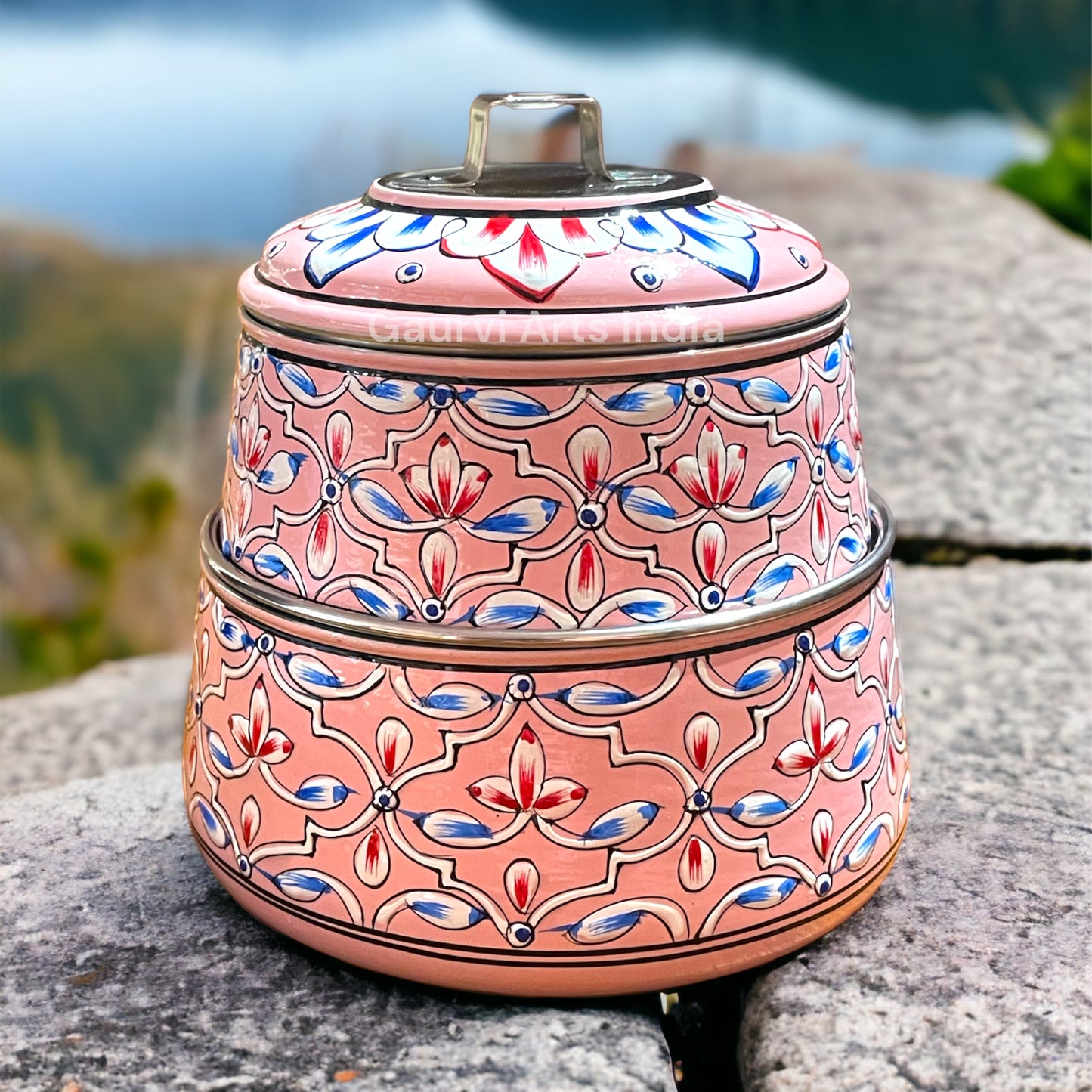 Hand Painted 2 Tier Tiffin Carrier, Perfectly sized to carry two delicious meals and Return Gift