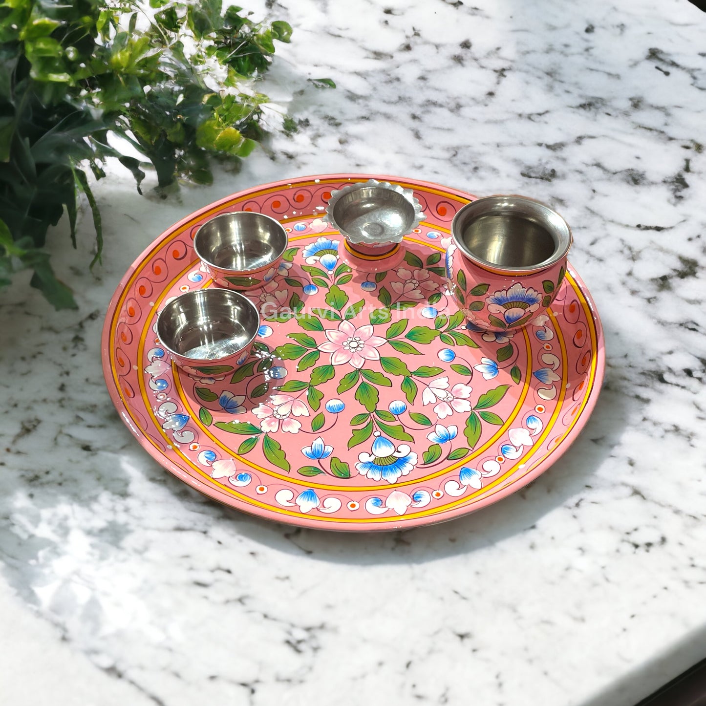Enhance your pooja rituals with this beautifully hand-painted Pooja Thali Set, featuring a traditional Kalash, a Deepak, and two small Katoris.