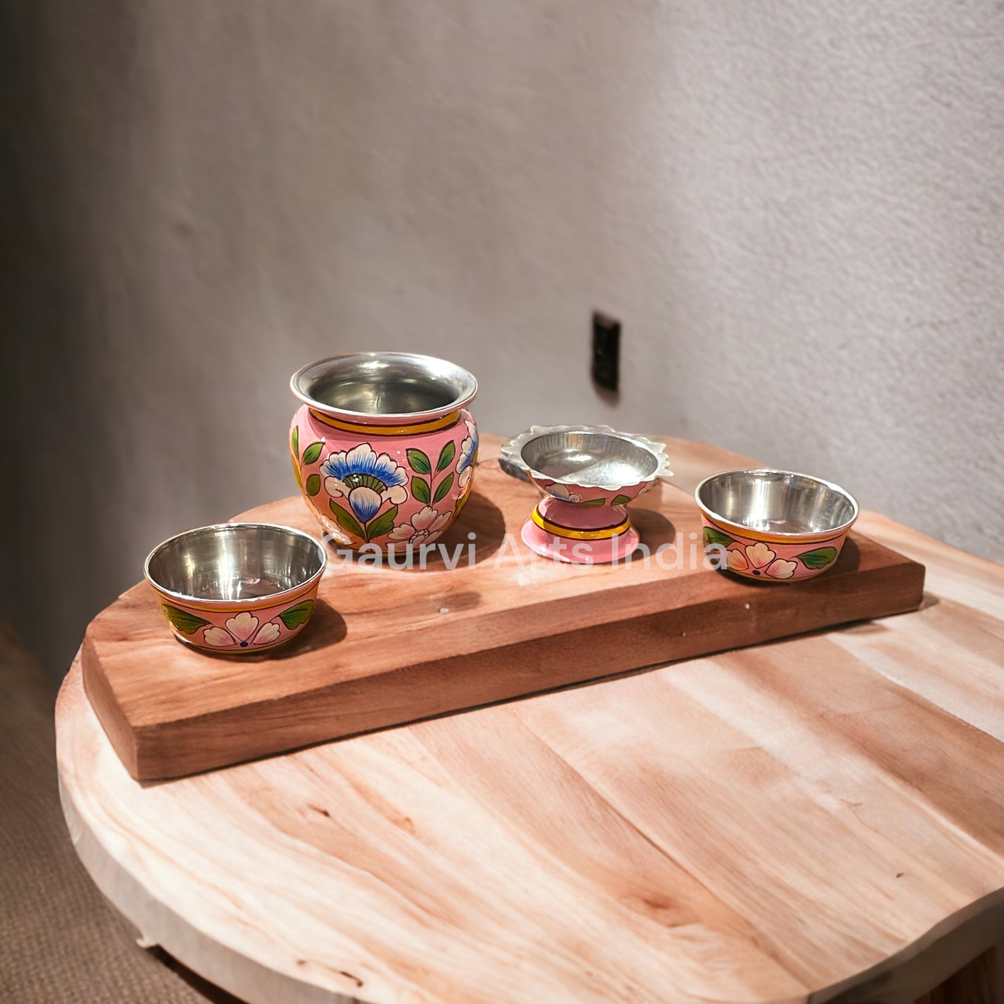 Enhance your pooja rituals with this beautifully hand-painted Pooja Thali Set, featuring a traditional Kalash, a Deepak, and two small Katoris.