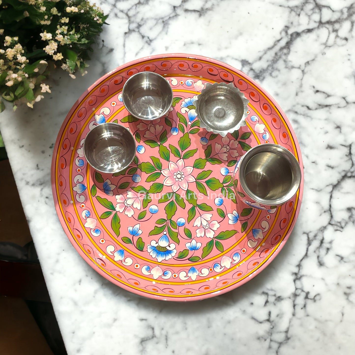 Enhance your pooja rituals with this beautifully hand-painted Pooja Thali Set, featuring a traditional Kalash, a Deepak, and two small Katoris.
