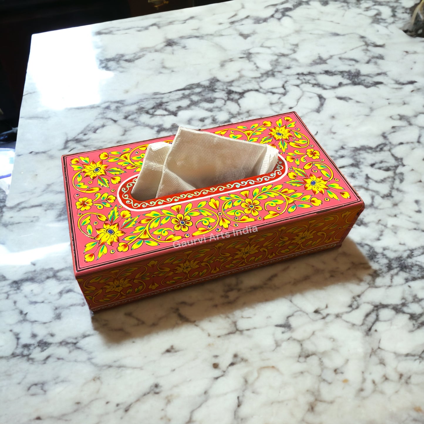Enhance your dining experience with this wooden hand-painted tissue box, while the hand-painted details bring a unique, personal touch to your dining space.