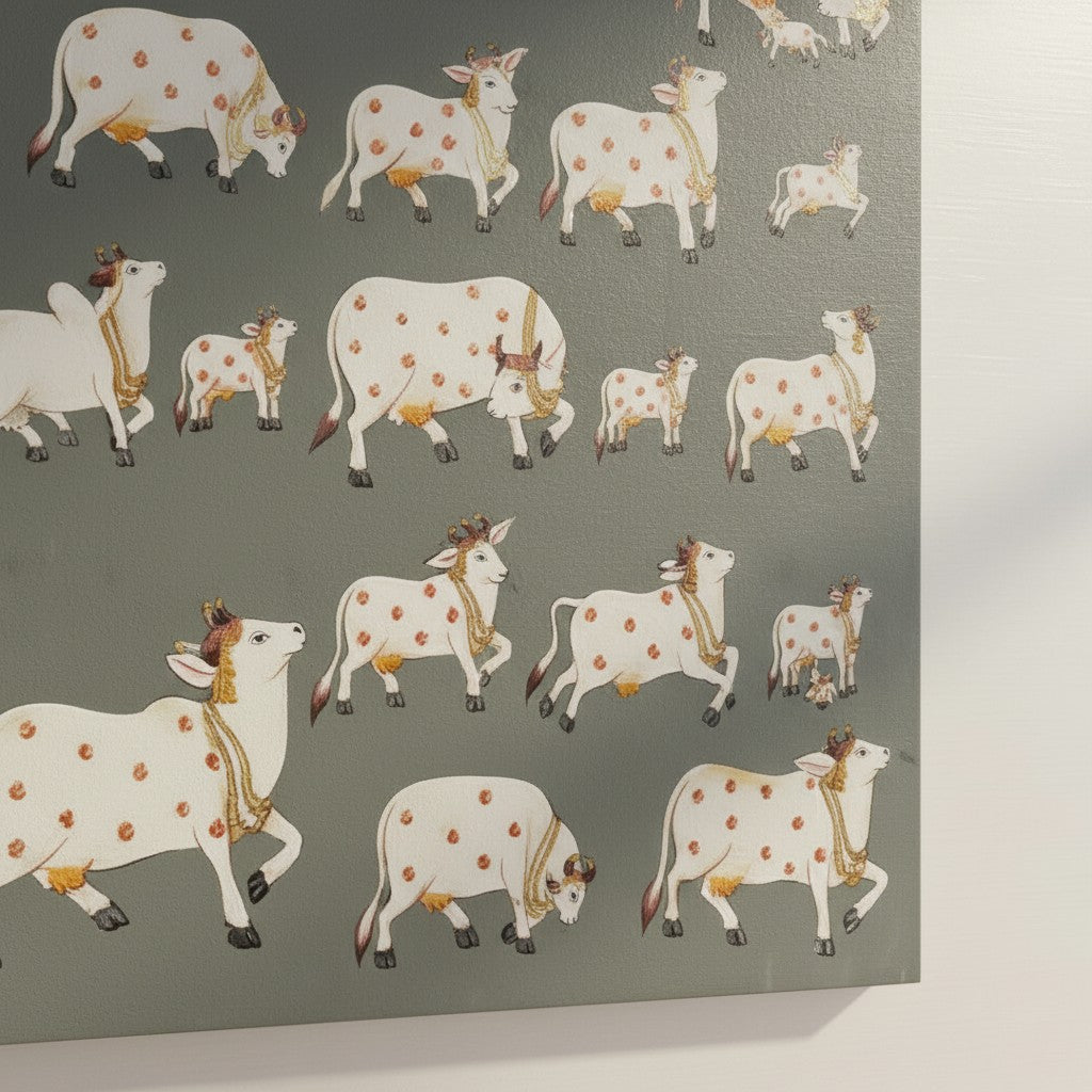 Traditional Pichwai painting is handcrafted on cloth using natural mineral pigments, with gold detailing often added to create a divine luminescence