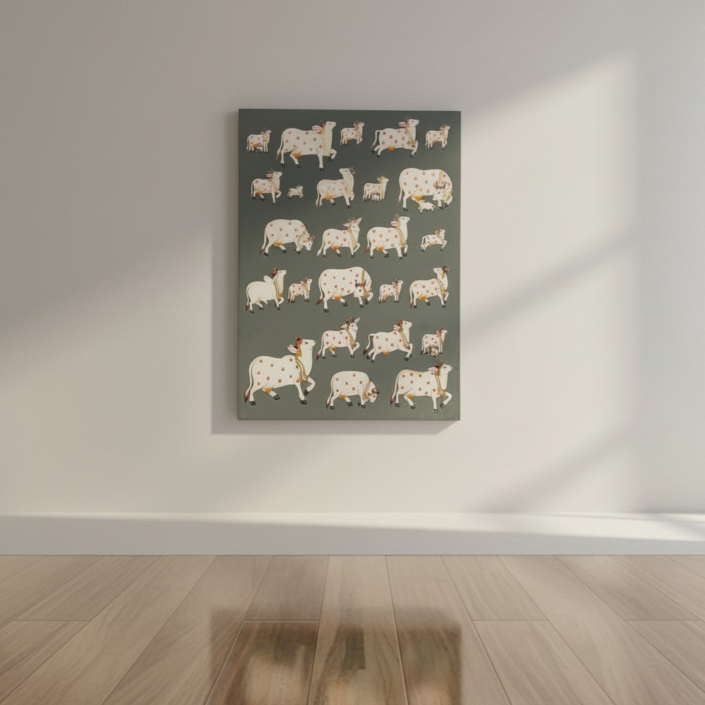 Traditional Pichwai painting is handcrafted on cloth using natural mineral pigments, with gold detailing often added to create a divine luminescence