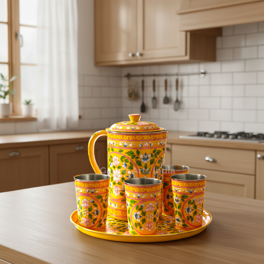 Hand Painted Stainless Steel Jug with 4 Tumblers and Tray Best Gift for your loved ones this hand-painted finish adds a touch of authentic craftsmanship.