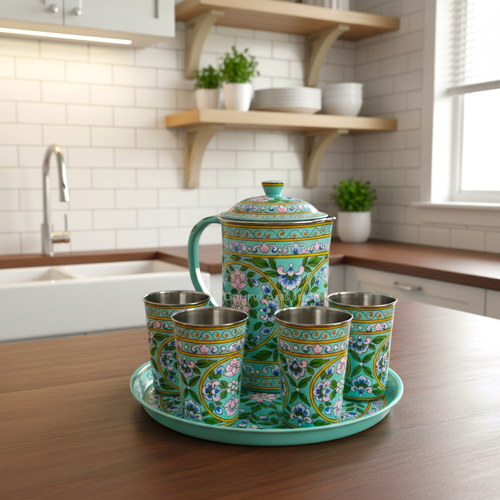 Hand Painted Stainless Steel Jug with 4 Tumblers and Tray Best Gift for your loved ones this hand-painted finish adds a touch of authentic craftsmanship.
